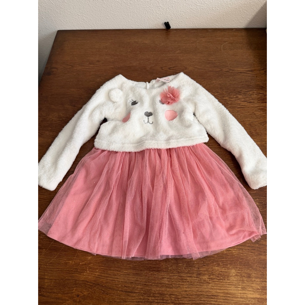 Little Lass Girls 3T Bear Face Faux Fur Pink Tulle Dress Holiday Party